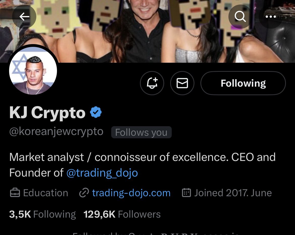 <a href="/TheCryptoKazi/">Kazi</a> <a href="/CryptoWizardd/">WIZZ🥷 ( beware scammers )</a> 71/ - <a href="/koreanjewcrypto/">KJ Crypto</a> 

One of the few real crypto OG-s, Founder of <a href="/trading_dojo/">the dōjō</a> , turbo early in  $SMH , he is in some serious follower counts/shared value asymmetry compared to the biggest KOL-s.

Make sure you follow him, or HFSP.