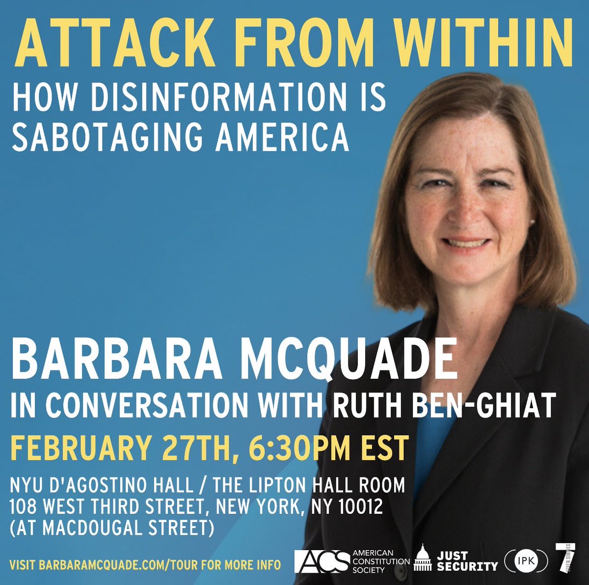 One week from tonight, I’ll be in conversation with ⁦<a href="/ruthbenghiat/">Ruth Ben-Ghiat</a>⁩ at @NYU to discuss my new book on disinformation. ⁩Many thanks to publisher ⁦<a href="/7StoriesPress/">Seven Stories Press</a> and sponsors <a href="/acslaw/">American Constitution Society</a>⁩ and ⁦<a href="/just_security/">Just Security</a>⁩.

Ticket info here: barbaramcquade.com/tour/nyc-launch