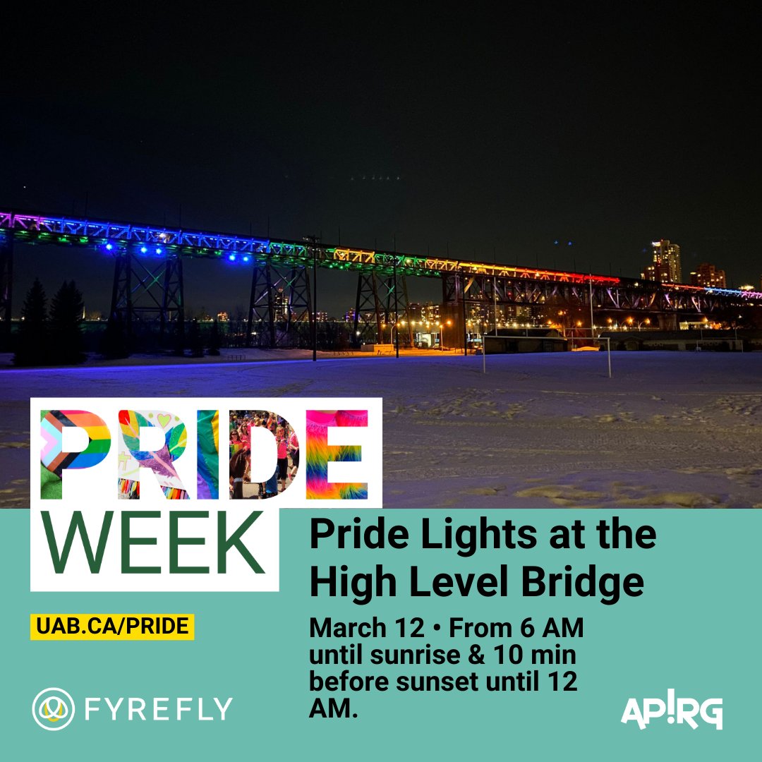 fyrefly_ua's tweet photo. On March 12, the High Level Bridge will illuminate Edmonton's sky with the vibrant colors of the Pride flag for @UAlberta's Pride Week! Learn more at https://t.co/OBmmwJHl82
#yegnonprofit #2SLGBTQ+ #lgbtqyeg #pride #ualberta #fyrefly https://t.co/RCSemLLhkE