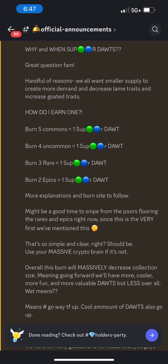 defidilf's tweet photo. Too attached to my @dawtnft but trust in the process of our glorious king @kingfud so I will be burning away 🫡 who else plans on acquiring Sup🟢🔵r DAWTS?? https://t.co/6oF7TuUHyi