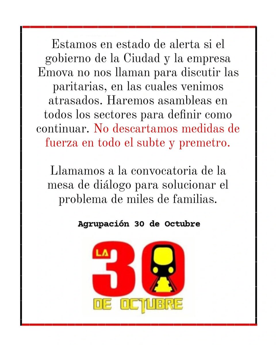 La 30 de Octubre (@la30deoctubre) on Twitter photo Estado de alerta en el subte y premetro. <a href="/gcba/">Buenos Aires Ciudad</a> <a href="/Emova_arg/">Emova - Concesionario del Subte de Buenos Aires</a> <a href="/jorgemacri/">Jorge Macri</a> Estado de alerta en el subte y premetro. <a href="/gcba/">Buenos Aires Ciudad</a> <a href="/Emova_arg/">Emova - Concesionario del Subte de Buenos Aires</a> <a href="/jorgemacri/">Jorge Macri</a>