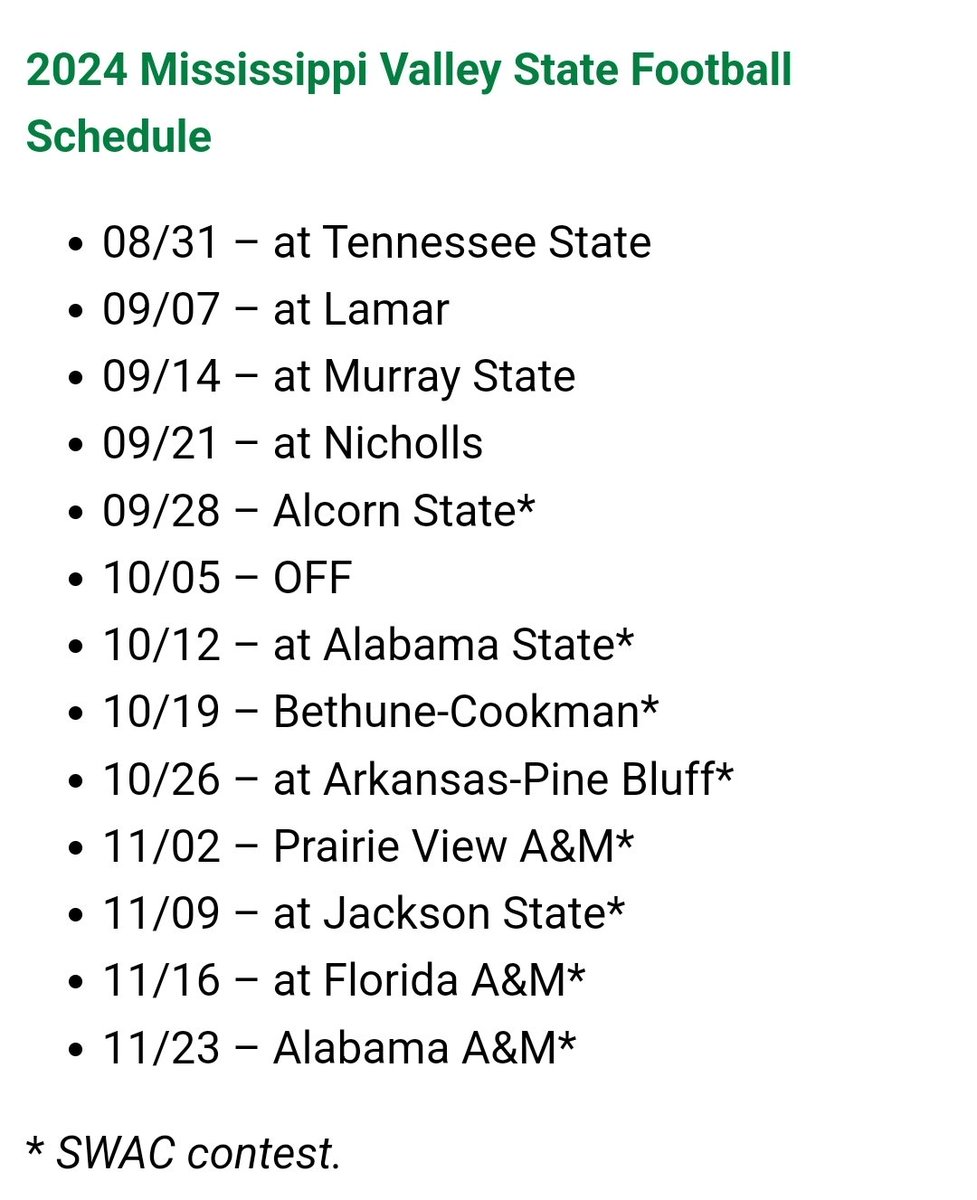 The Delta Devils have officially released their 2024 football schedule

(Click here to help #eleVateVState: bit.ly/3Rn2ZAS)

#MVSU #HBCU #HBCUs #HBCUsMatter #VALLEYInMotion #HailToThee #VALLEYOfScholars #TheTimeIsNOW #BRICKbyBRICK #DeltaDevils #LITtaBena #BIFTV