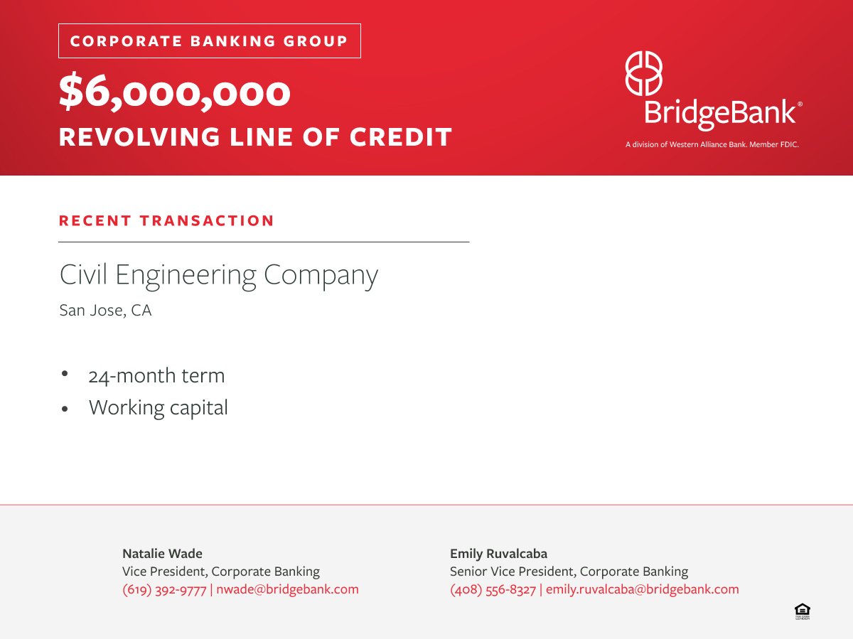 bridgebank's tweet image. Our Corporate Banking Group recently provided a San Jose-based Civil Engineering company with a $6MM revolving line of credit. The company will use the funds as short-term working capital to help them achieve growth goals.

#BridgeBank #CivilEngineering #RevolvingLineOfCredit