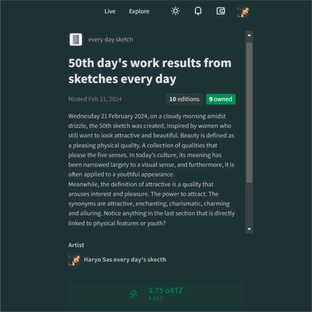 #everydaysketch #50 #2024

Wednesday 21 February 2024, on a cloudy morning amidst drizzle, the 50th sketch was created, inspired by women who still want to look attractive and beautiful. 

objkt.com/tokens/KT1GtqP…