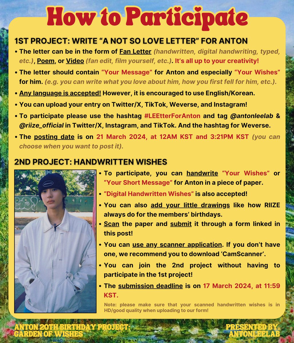 ANTONLEELAB's tweet image. 💌 GARDEN OF WISHES 💐

— Anton 20th Birthday Project,
     Presented by Anton Lab.

🗓️: 21 Mar
🕛: 12AM &amp;amp; 3:21PM KST
#️⃣: LEEtterForANTON
📮: bit.ly/LEEtterForANTON

TEENYs, join our event by creating your Not So Love Letter for #ANTON. More details below.

#앤톤 #RIIZE #라이즈