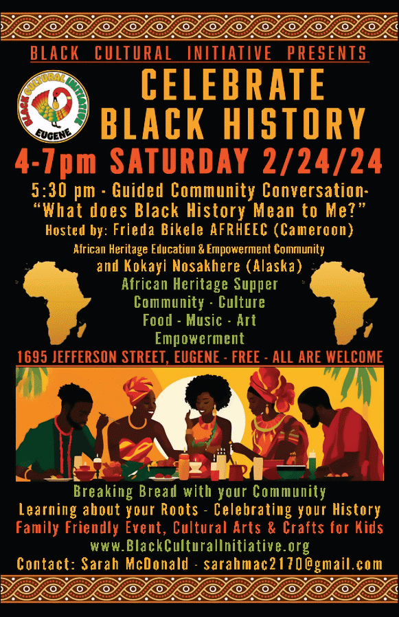 The Black Cultural Initiative is looking for volunteers to help at their Black History Month Celebration this Saturday, February 24! Sign up to volunteer below:
docs.google.com/forms/d/e/1FAI…
#BlackCulturalInitiative #LaneCounty #BlackHistoryMonth