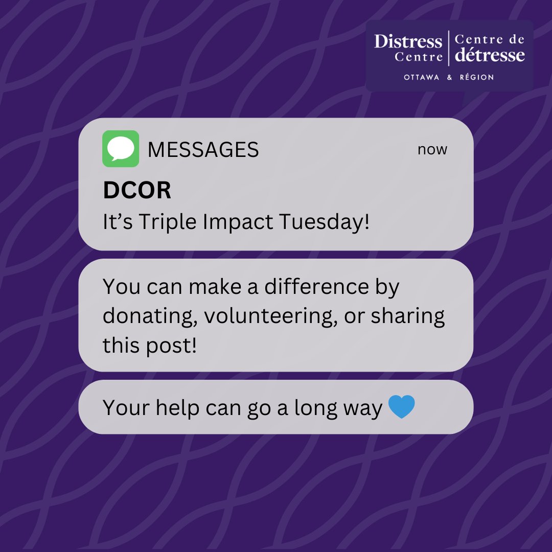 It's Triple Impact Tuesday! Donate, volunteer, or share this post to make your mark! 

#tripleimpacttuesday #distresscentreottawa #volunteer #donate #sharethispost