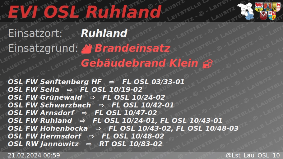 🚨 21.02.2024 00:59 🔥 🏠 B:Gebäude-Klein 🌐 Ruhland 🚒 ⇨ FW Senftenberg HF, FW Sella, FW Grünewald, FW Schwarzbach, FW Arnsdorf, FW Ruhland, FW Hohenbocka, FW Hermsdorf wachalarm.leitstelle-lausitz.de/dbrd/9b8a9396-…