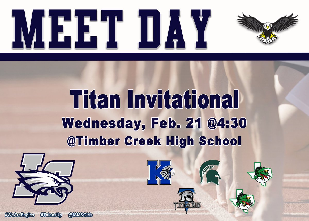 ISMS_AV's tweet photo. It's Meet Day! Good luck Eagles as you travel to Timber Creek High School! #WeAreEagles #TalonsUp 
@IndianSpringsMS @ISMSGirlsAth https://t.co/L9Z7PxYb9O