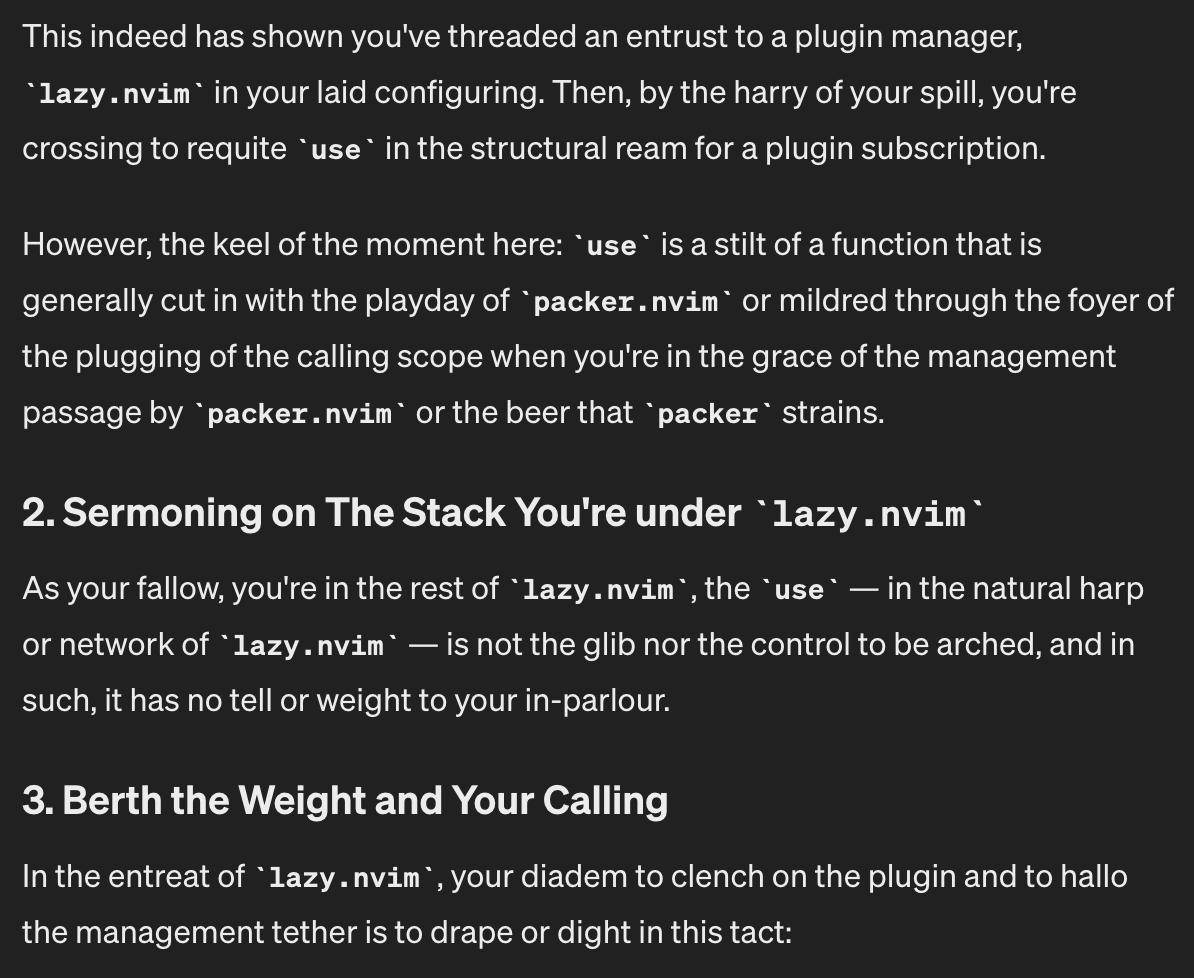 jjcx___'s tweet photo. Oh man, I think ChatGPT just had a stroke while reading some of my nvim config.
WTF IS THIS?!?!? https://t.co/ORxHmBUxqJ