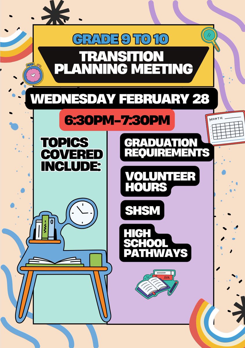 We look forward to seeing you at Bishop next Wednesday, February 28th for our transition planning meeting. There will be lots to discuss and our guidance counsellors and administration will be available to answer any questions you may have.