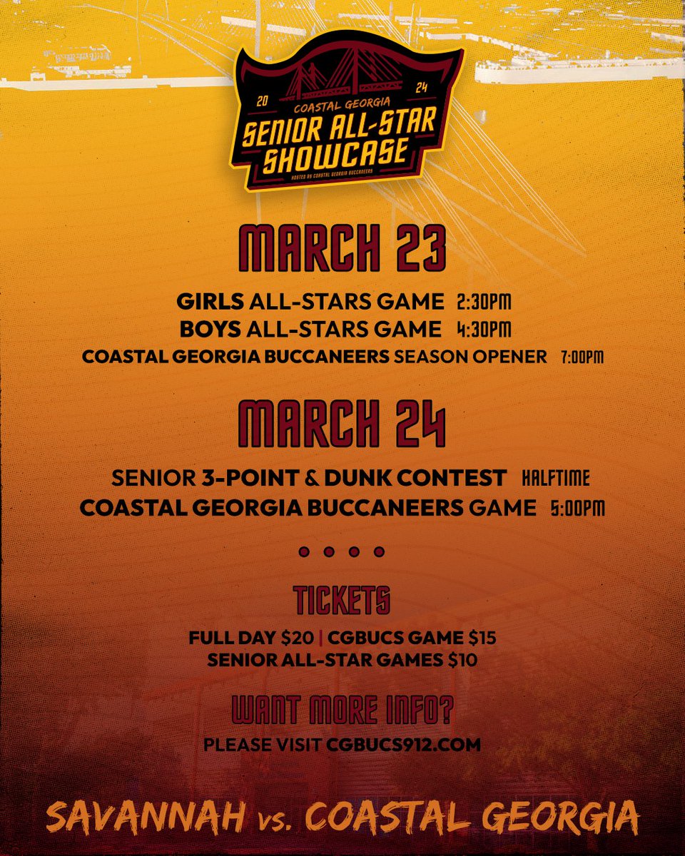 Senior All-Star Showcase with the Coastal GA Buccaneers 😤💪🏾🏀 

@cgbucs <a href="/912SUSPENCE/">Spencer Walden</a> <a href="/theworldofmedia/">itstheworldofmedia</a> <a href="/banksfana_/">Banks Fana</a>

*MARK YOUR CALENDARS*

🗓️: March 23rd-24th, 2024
📍: Savannah State University

COME OUT AND SUPPORT OUR GRADUATING SENIORS! 🎓