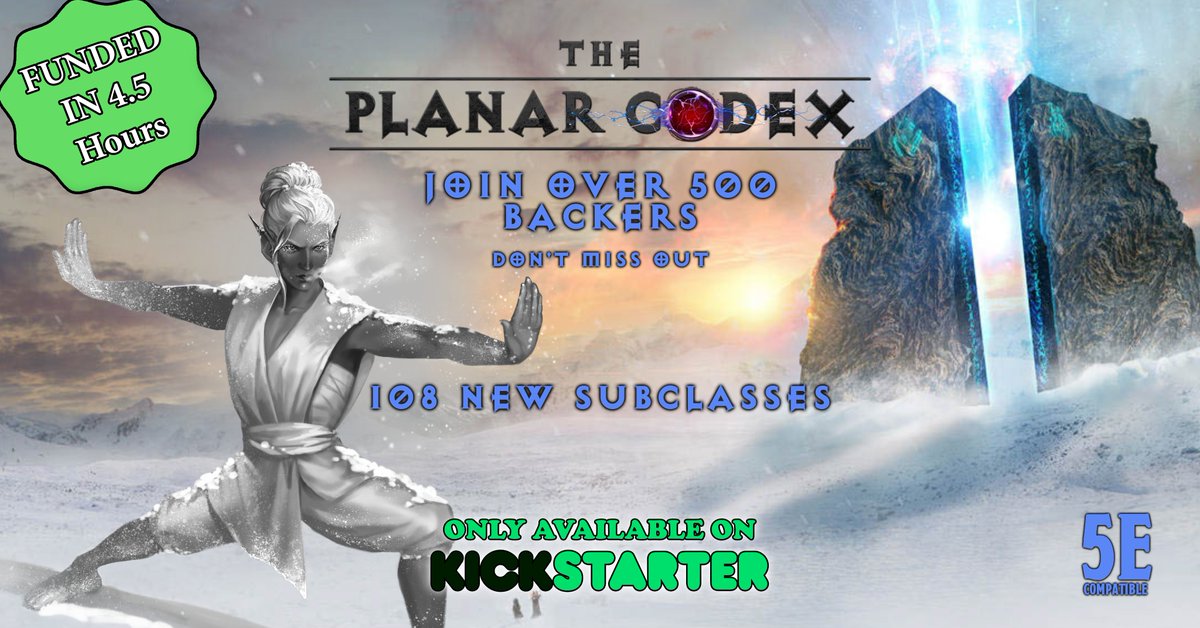 108 new planar subclasses
18 new playable species
Tons of spells (we just added 9 more!)
Tons of new Feats (next stretch goal add 6 more!)

Join us in the Planes over on #Kickstarter
#dnd

Link in 🧵👇👇👇
Any RTs much appreciated fam! TIA