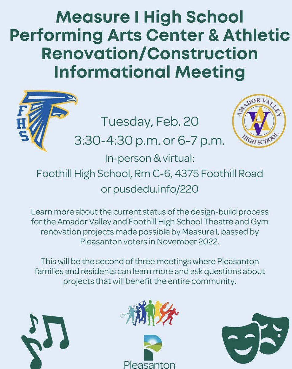 Sebastian Bull (@fhs_mrbull) on Twitter photo Reminder about input session for Measure I projects taking place tonight in classroom C-6 at Foothill at 6:00pm. Also Zoom link with information on graphic. <a href="/PleasantonUSD/">Pleasanton Unified School District</a> <a href="/FoothillHSMusic/">FoothillHSMusic🥁🎺</a> <a href="/FHSFalcons/">FOOTHILL HIGH SCHOOL</a> <a href="/foothillfalcons/">Foothill Falcons</a> Reminder about input session for Measure I projects taking place tonight in classroom C-6 at Foothill at 6:00pm. Also Zoom link with information on graphic. <a href="/PleasantonUSD/">Pleasanton Unified School District</a> <a href="/FoothillHSMusic/">FoothillHSMusic🥁🎺</a> <a href="/FHSFalcons/">FOOTHILL HIGH SCHOOL</a> <a href="/foothillfalcons/">Foothill Falcons</a>