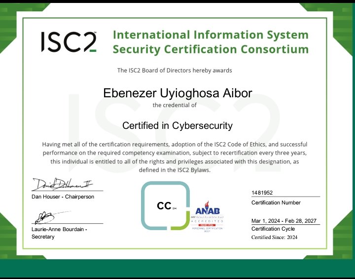 Ebenezer_A_U's tweet image. Congratulations to me 🎉
@ISC2 

#certifiedincybersecurity
#cybersecuritycertification
#CyberSecurity