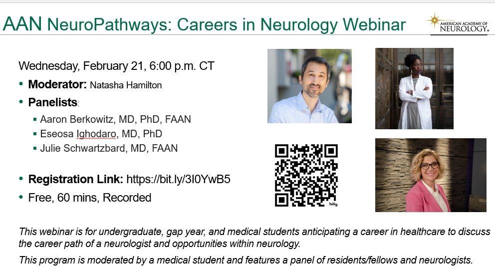 Happening Tomorrow! @AANMember NeuroPathways: Careers in Neurology Webinar February 21, 2024 at 6:00 - 7:00 p.m. CT Moderator: Natasha Hamilton Panelists: Aaron Berkowitz, MD, PhD, FAAN; Eseosa Ighodaro, MD, PhD; Julie Schwartzbard, MD, FAAN Register: bit.ly/3I0YwB5