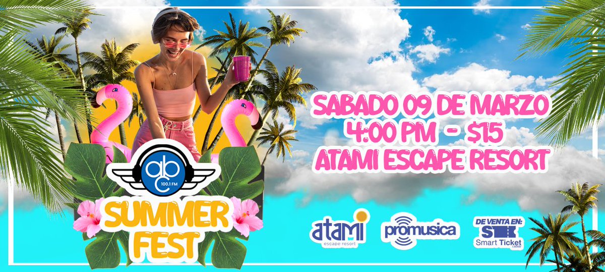 ABC Summer Fest🎵🎶🎧🌊🏝️☀️
<a href="/ABC1001FM/">ABC 100.1 FM</a> la estación que creó la Cultura Electrónica en El Salvador, presenta la primera edición del Summer Fest, Drinks, DJs, Food.
🗓️ Sábado 09 de marzo.
🕓 4pm.
📍Atami Escape Resort 
🎟️  $15
🛒 Entradas a la venta en: bit.ly/ABCSummerFest-…