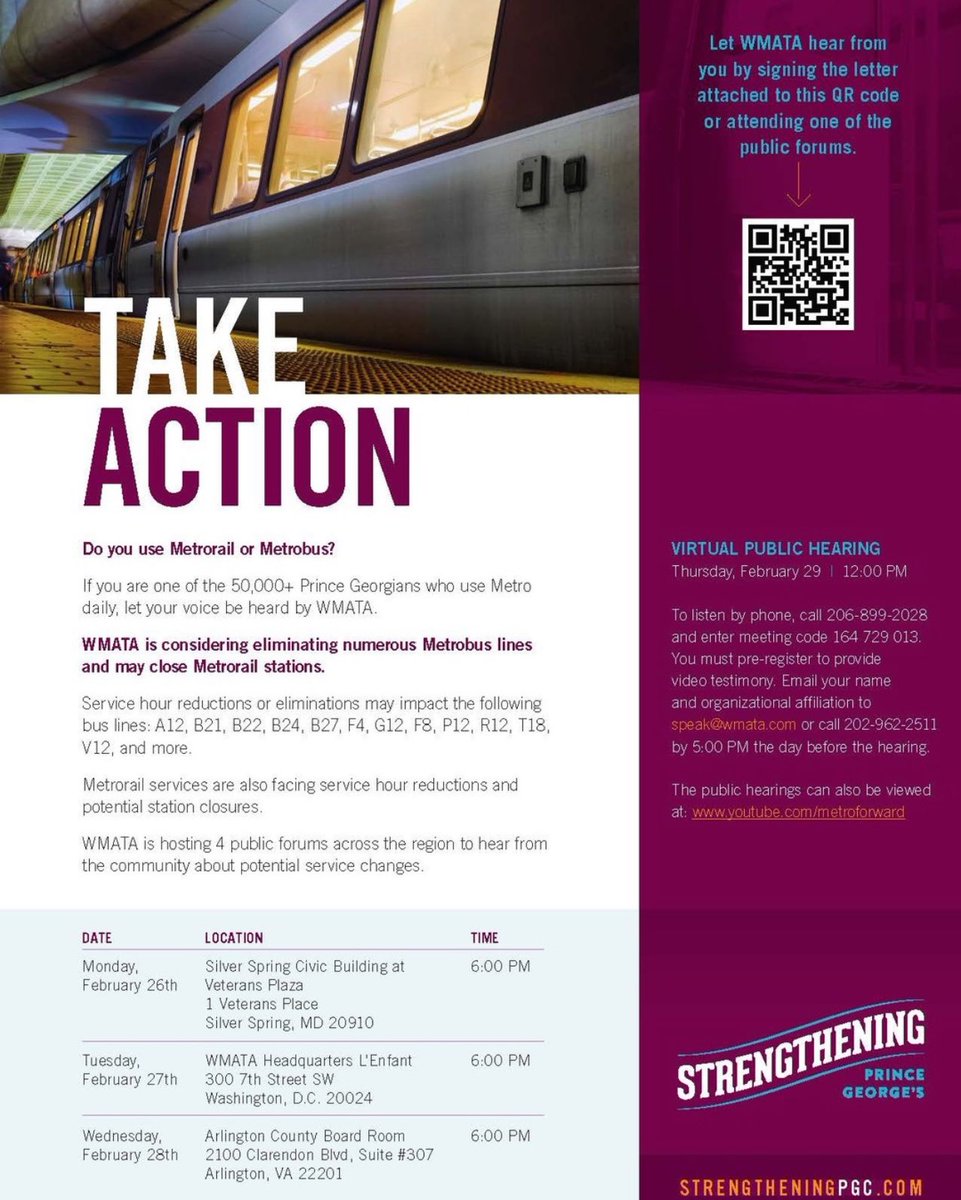 Metrobus and Metrorail Riders, we desired to share this post from • @cexalsobrooks - Prince Georgians, we need your help! WMATA is considering eliminating numerous Metrobus lines and may close Metrorail stations. YOU can weigh in. Sign our petition: strengtheningpgc.com/take-action