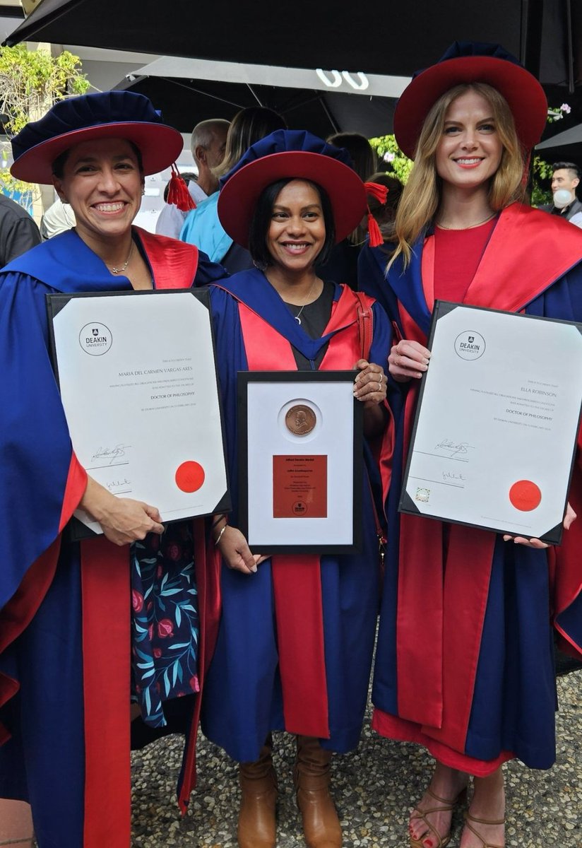 Triple celebrations! Our PhD-funded candidatate @carmenv678 (left) is now a 'Dr', as is @Ella_M_Robinson (right), while @JaithriA (centre) this week received the Alfred Deakin Medal for her outstanding doctoral thesis 👏 Amazing work from these @Deakin researchers. Incredible!!