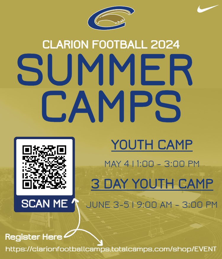 🚨🚨Youth Camp Alert🚨🚨 Registration is now open for our two Youth Camps❕ Join us for our 1 Day Camp on May 4th, 2024 Register Here: clarionfootballcamps.totalcamps.com/shop/product/3… Or our much anticipated 3 Day Summer Youth Camp on June 3rd through the 5th. Register Here: clarionfootballcamps.totalcamps.com/shop/product/3…