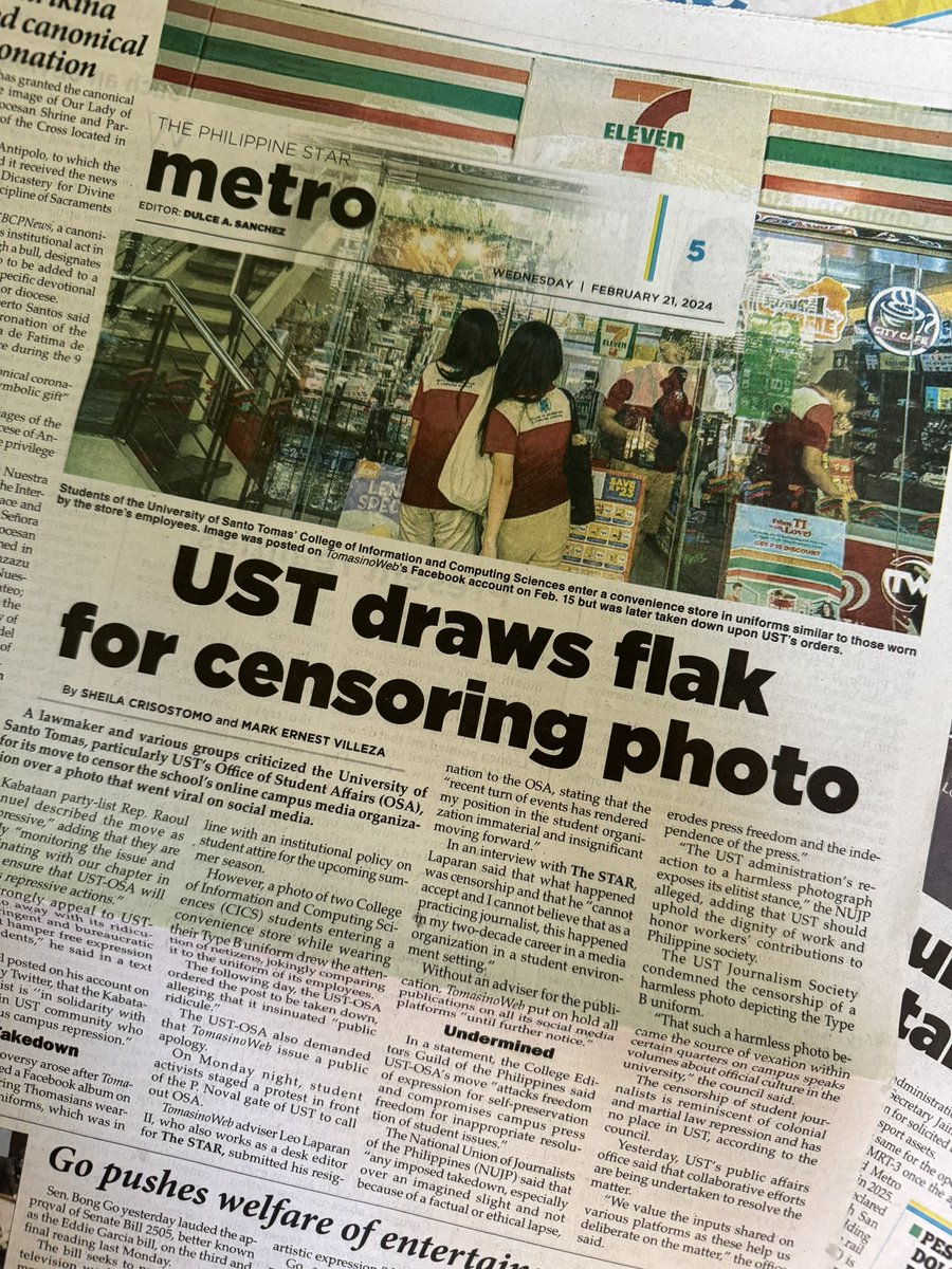TomasinoWeb’s photo censored by UST-OSA is the top story in The Philippine Star’s Metro section
