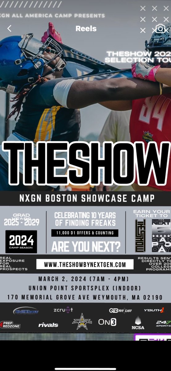 Can’t wait to attend and compete at @TheSHOWByNXGN Boston Football Camp‼️ @Coach_DGates @TenfoldSports @NCSA_Football @PRZNewEngland