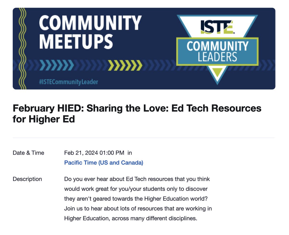 SOOOO Excited!! @ISTEcommunity Higher Ed Collab will be having our FIRST meet-up this Wednesday: 1 pm PT/4pm ET with none other than...@KVoge71 as our first guest!!! WOOT! You can still register (and share the link): iste.zoom.us/meeting/regist… Can't wait to see you tomorrow!! 🎉