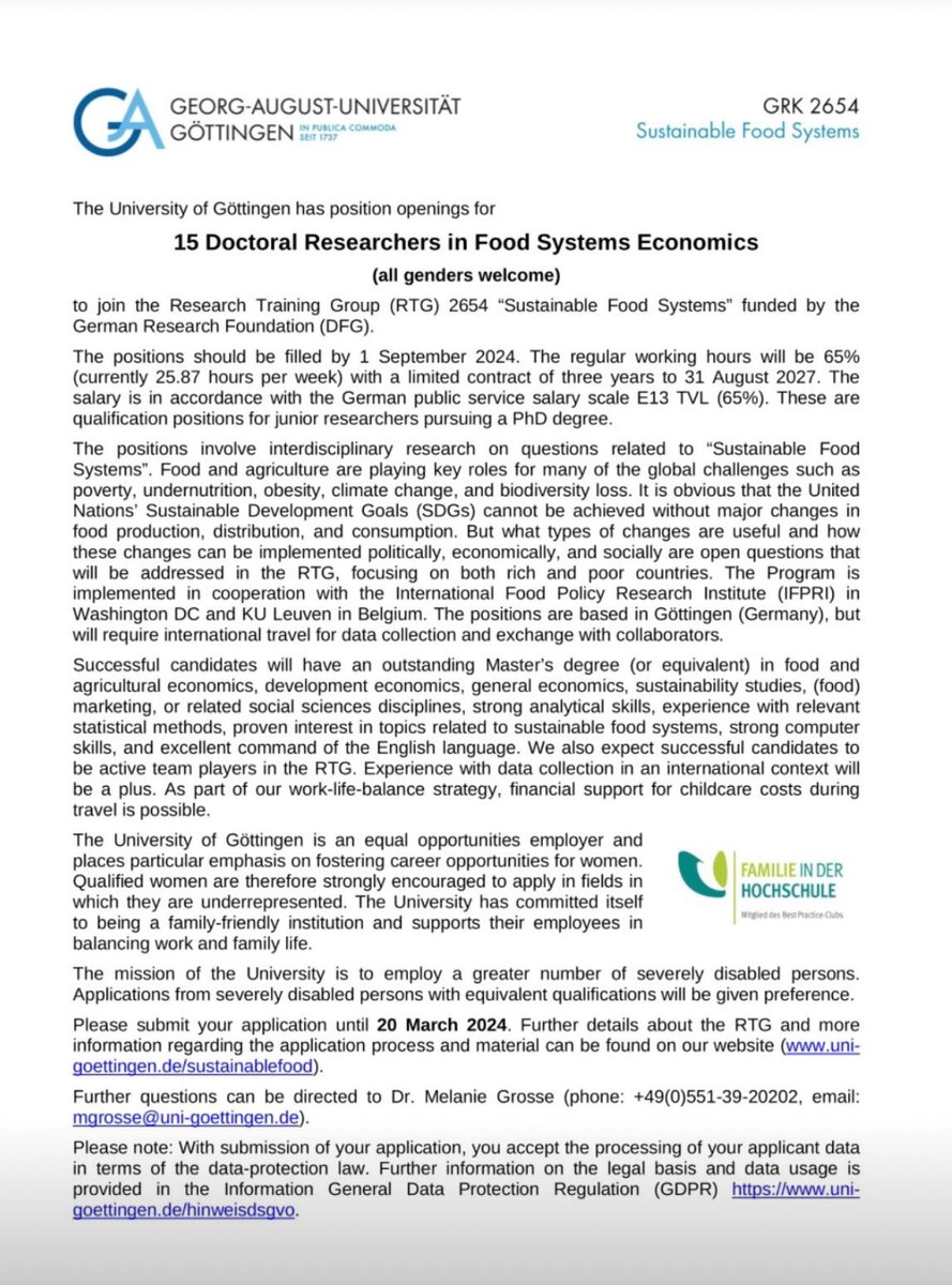 15 Doctoral Researchers in Food Systems Economics

Institution: The University of Göttingen, Germany

Salary: E13 TVL (65%)

Deadline: 20th March, 2024

See attached flyer for more information 

#phd #research #researchjobs #foodsystems #foodscience #foodtechnology #economics