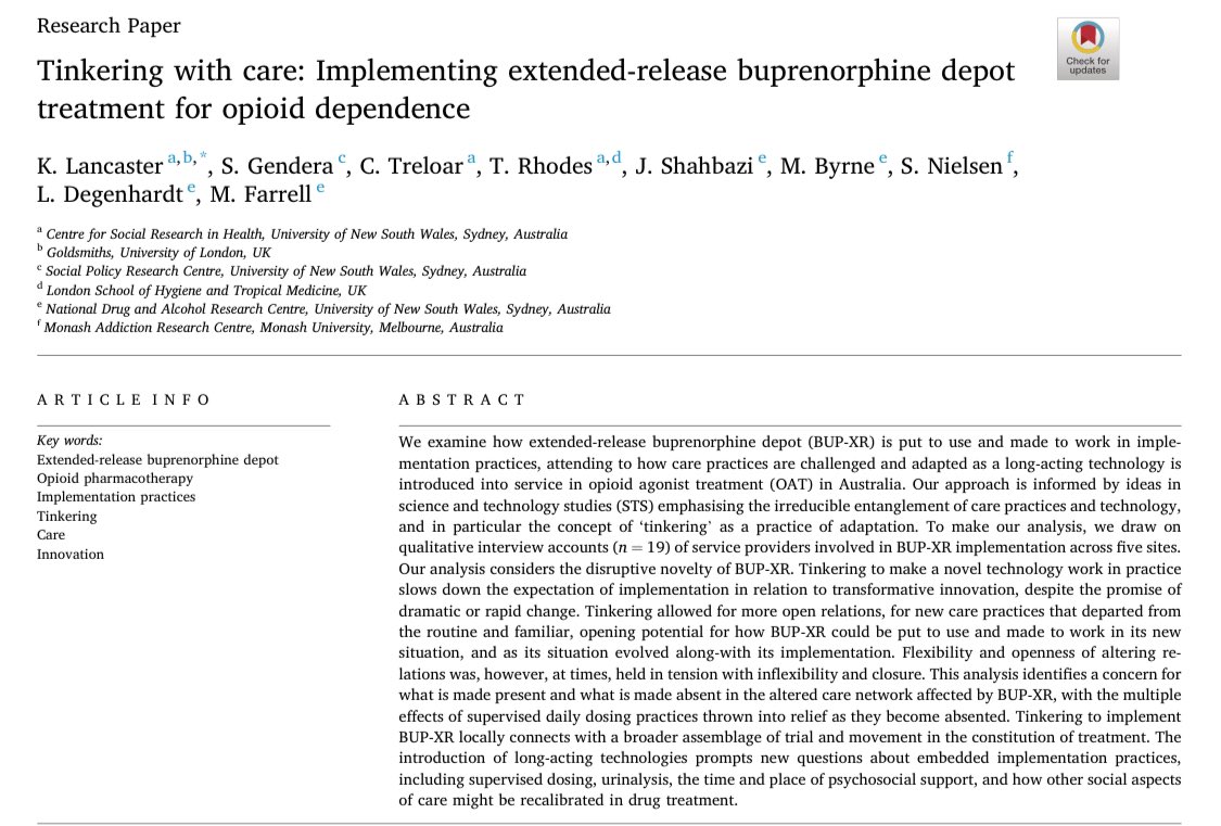 New paper!🚨 Tinkering with care: Implementing extended-release buprenorphine depot treatment for opioid dependence Technologies do not work alone, nor are their potentials given. We examine how BUP-XR is put to use and made to work in situated practices sciencedirect.com/science/articl…