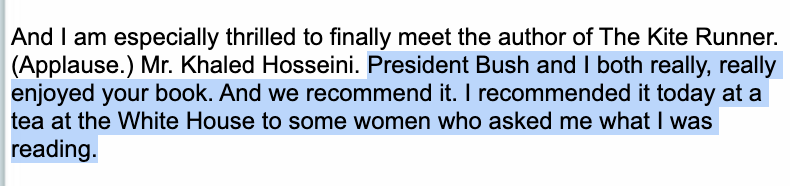 Here's what Laura Bush had to say about 'The Kite Runner.' Idk, I just don't think she's someone who would be suggesting pornography to women at a White House Tea. But I guess this is where we are in Oklahoma?

georgewbush-whitehouse.archives.gov/news/releases/…