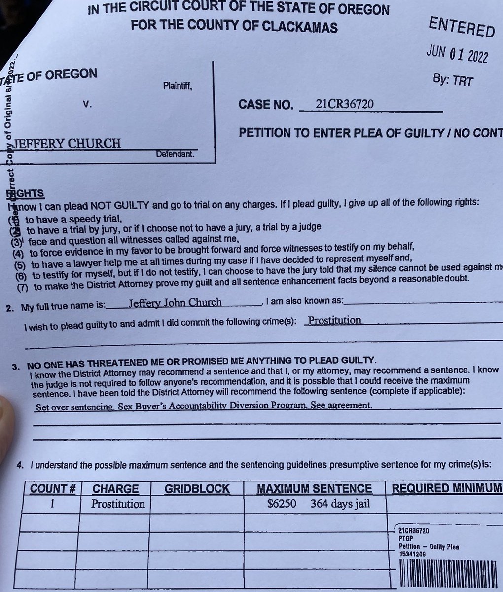 Jeff Church of .@PDXReal1 was charged with 'prostitution' in 2021. He plead down in 2022 with attendance of a sex buying accountability class. A local sex worker provided me court records. Unclear whether his partner Angela, was okay with this. 1/