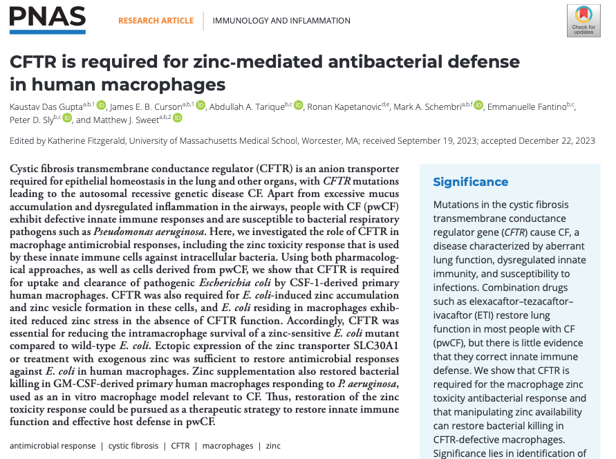 I'm excited to share that our research from @TheSweetGroup, on cystic fibrosis and how the heavy metal zinc could be beneficial in combating infections associated with CF, has finally been published in PNAS. pnas.org/doi/10.1073/pn… Many thanks to everyone involved in this project