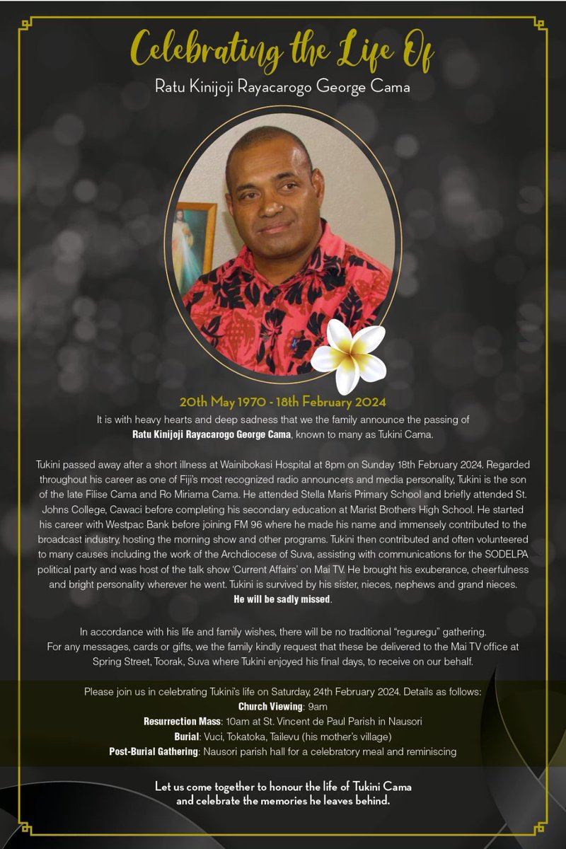 maitvfiji's tweet photo. From the Management and Staff of Mai TV, we’re sending our deepest condolences to Tukini’s family. He hosted the ‘Current Affairs’ show on Mai TV and was a beloved brother to all of us. Thank you for the joy, the laughter, the commitment and camaraderie you brought to the Mai TV family Tukini. Your passing hurts and you are dearly missed 🤍🕊️ #Fiji #TeamFiji