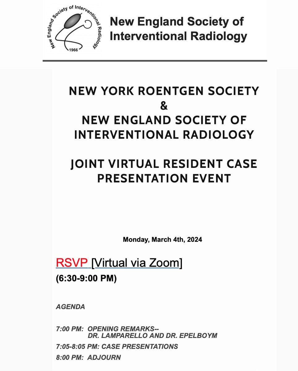 NESIR (@nesir1966) on Twitter photo Residents & fellows! Join us on Monday, March 4 for a virtual angio club with our friends New York <a href="/NYRS_RFS/">New York Roentgen Society | NYRS</a>
Sign up here: tinyurl.com/zoomnesir Residents & fellows! Join us on Monday, March 4 for a virtual angio club with our friends New York <a href="/NYRS_RFS/">New York Roentgen Society | NYRS</a>
Sign up here: tinyurl.com/zoomnesir