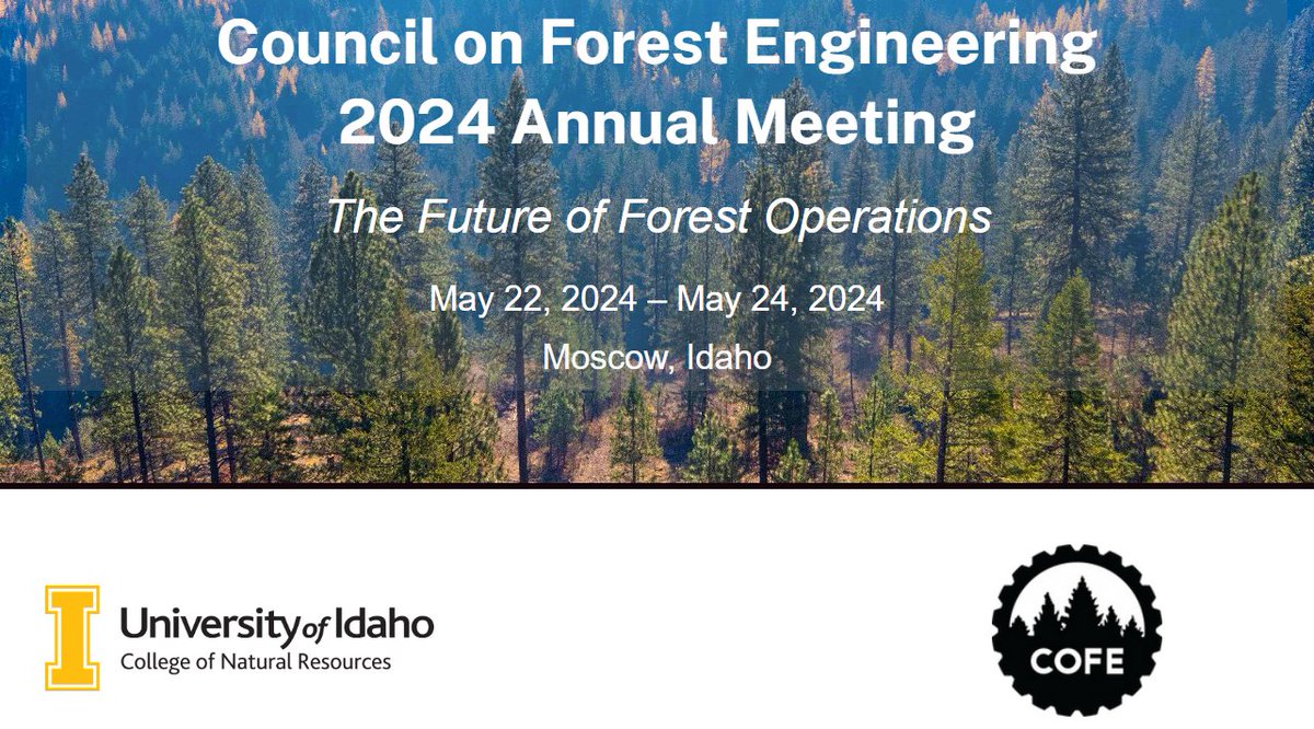 Registration is now open for the Council on Forest Engineering (COFE) 2024 Annual Meeting in Moscow, Idaho from May 22-24, 2024! Come to COFE 2024 to learn about the latest research on Forest Engineering and Operations <a href="/IUFRO/">IUFRO</a>  uidahoedugala.cventevents.com/event/2fd7f222…