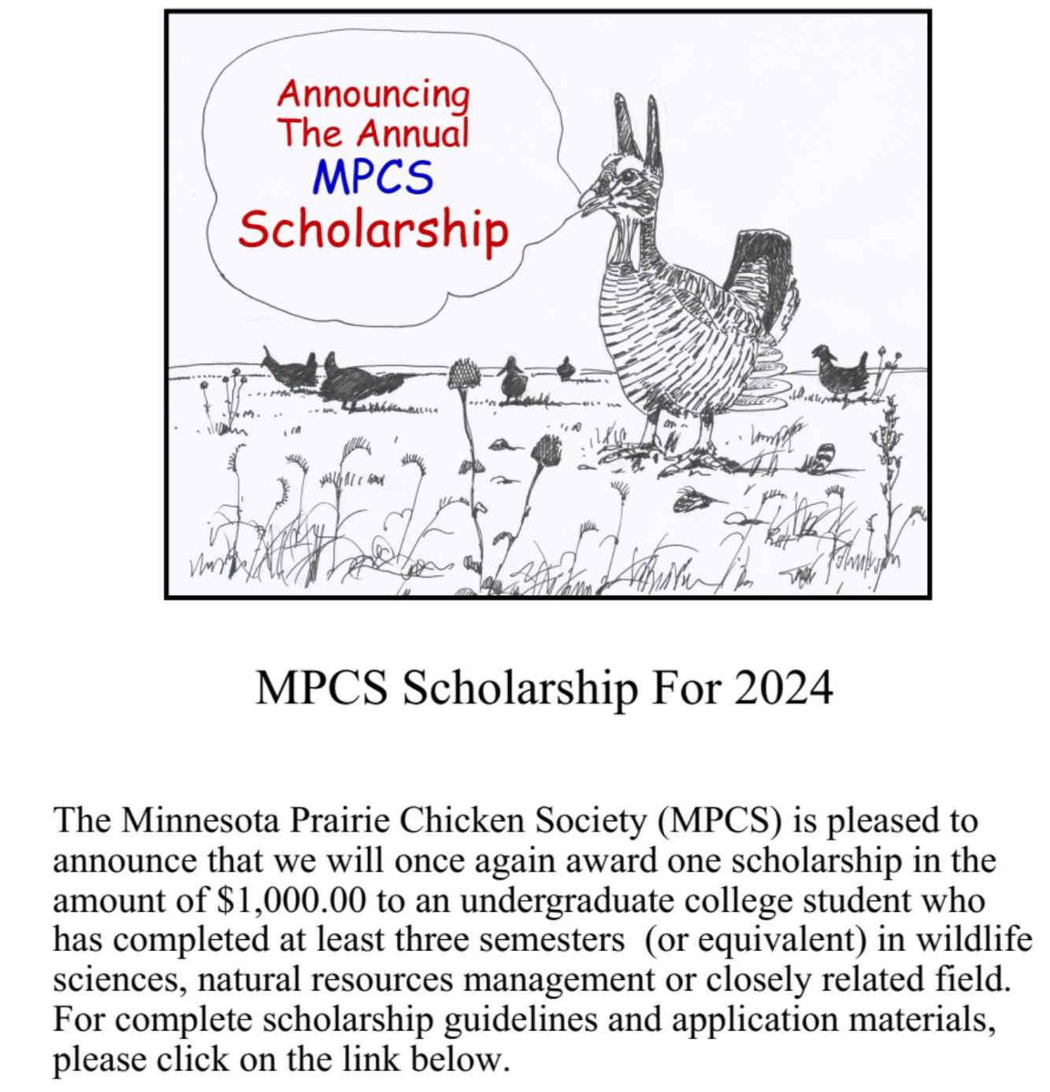 We are once again offering a $1,000 scholarship. The full application can be found right here: prairiechickens.org/mpcs-scholarsh…

Please RT to your flock! #Whooop!
