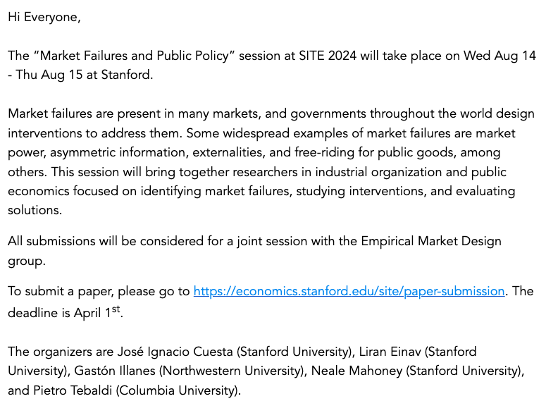 🚨Submit your papers to the “Market Failures and Public Policy” session at SITE Organizers are Ignacio Cuesta, @liraneinav, @IllanesGaston, Pietro Tebaldi, and me. cc @StanfordEcon @SIEPR Details below 👇