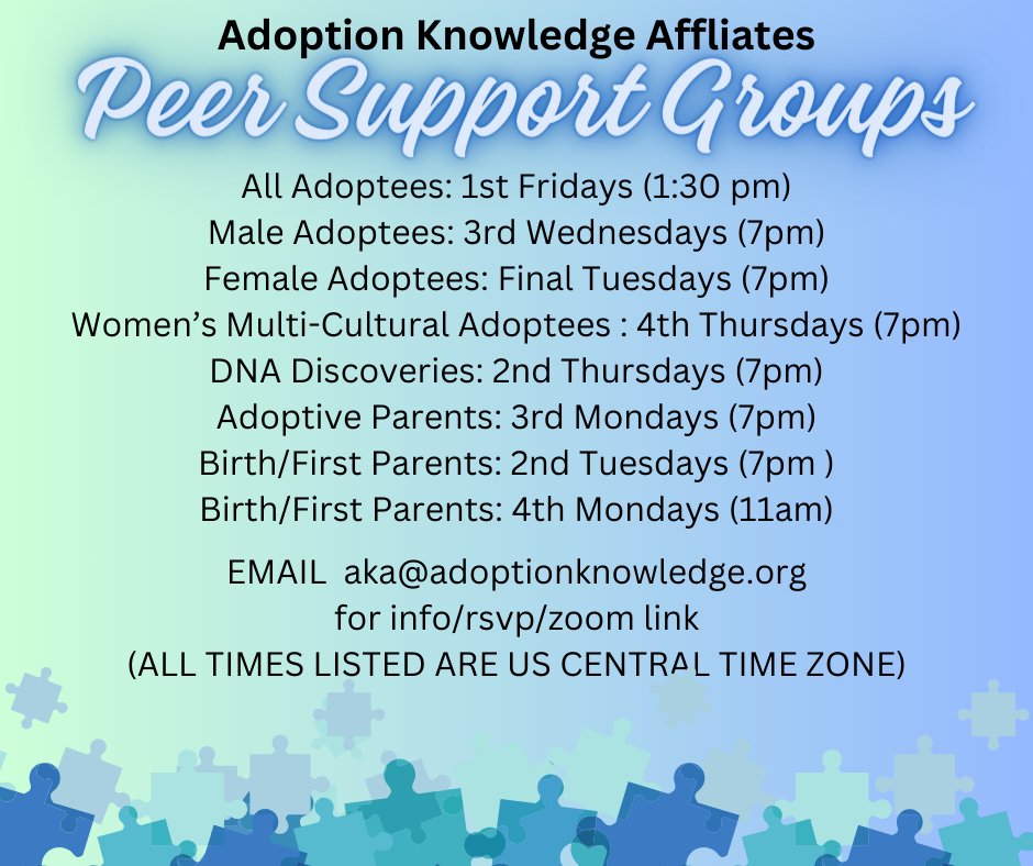 aka_tx's tweet photo. We have peer support groups for the entire adoption constellation including 4 for adoptees only! Email aka@adoptionknowledge.org for ZOOM links.
#Adoption #AdoptionJourney #DNA #Adoptees #FirstParents #Parents #AdoptiveParents #BirthParents https://t.co/j4gUl9qigS