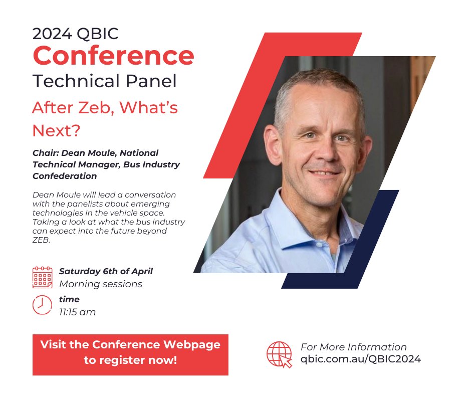 The 2024 QBIC Conference - Embracing Transformation, Navigating the Era of Change, Gold Coast 5-6 April. Bus Industry Confederation National Technical Manager, Dean Moule will chair a Technical Panel looking at emerging technologies in the vehicle space. qbic.com.au/QBIC2024