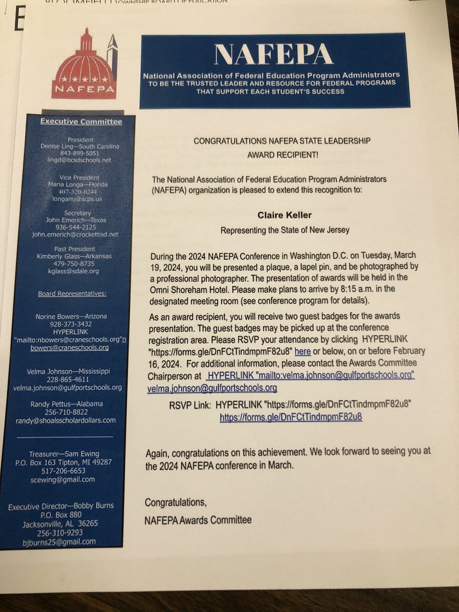 Way to go <a href="/DirectorAchieve/">Claire Keller</a>!  <a href="/NAFEPA1/">NAFEPA</a>  State of New Jersey Representative