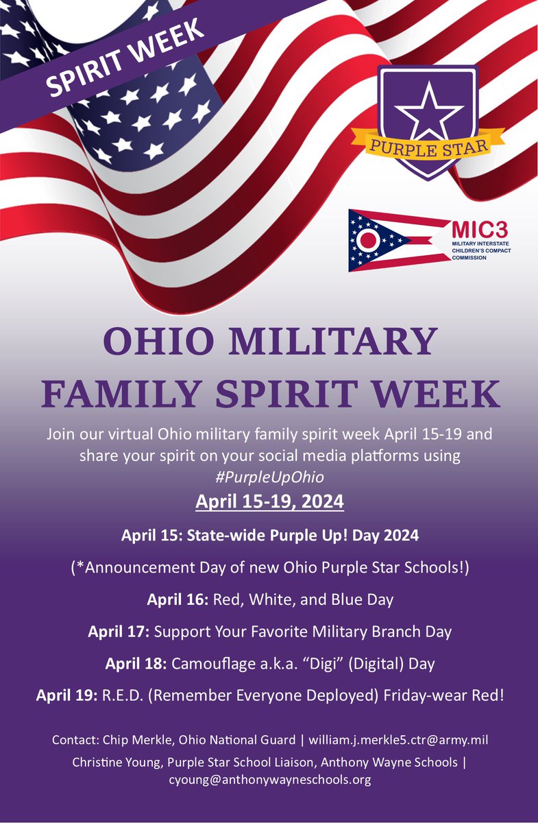 PSLuPiba's tweet photo. #PurpleUpOhio   …just announced!
Ohio Military Family Spirit Week 2024:
#PurpleStarSchools
@OhioMIC3 @OhioLeads
https://t.co/ljHIrZRLex https://t.co/qSDCykx7kF