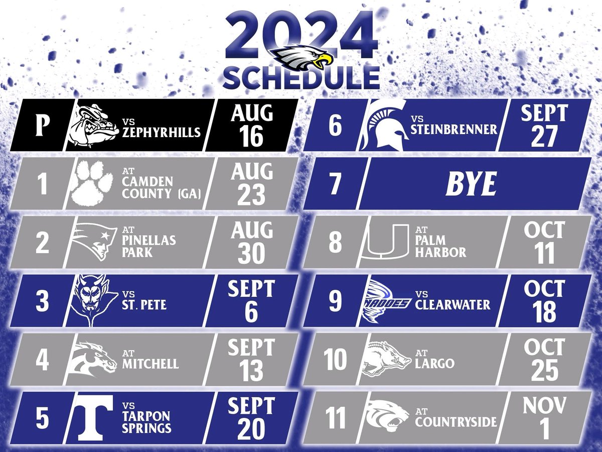 The 2024 schedule is here!

#bleedthatblue 
#letsgetreadytorumble
#SOAR #EaglesNation #highschoolfootball