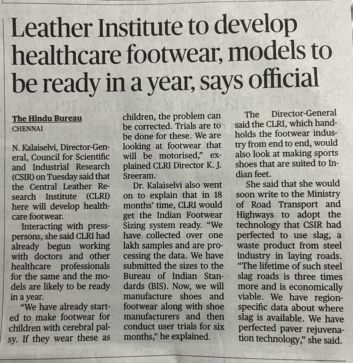 <a href="/clriindia/">CSIR-CLRI</a> 
The Hindu dated 21-02-2024
<a href="/kjsreeram/">K J Sreeram</a> <a href="/CSIR_IND/">CSIR, India</a> <a href="/DrNKalaiselvi/">N Kalaiselvi</a>