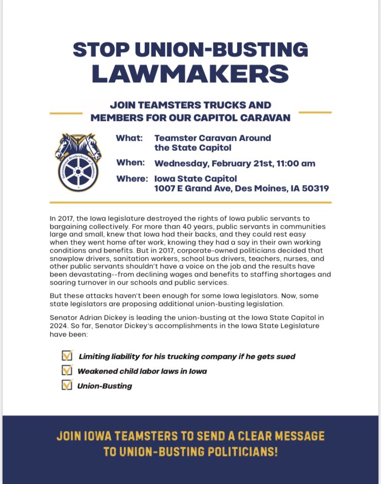 Caravan around the capital with the Teamsters. Taking a stance against union busting lawmakers like <a href="/dickey_adrian/">Adrian Dickey</a> #Teamsters