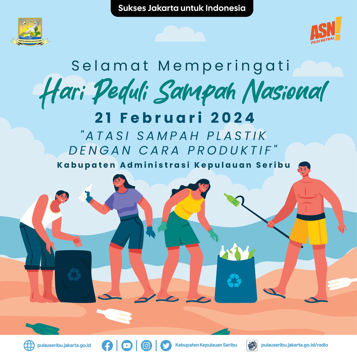 Selamat Memperingati Hari Peduli Sampah Nasional
21 Februari 2024
'Atasi Sampah Plastik dengan Cara Produktif'

#haripedulisampahnasional #hpsn #hpsn2024 #kepulauanseribu #pulauseribu #dkijakarta #SuksesJakartauntukIndonesia