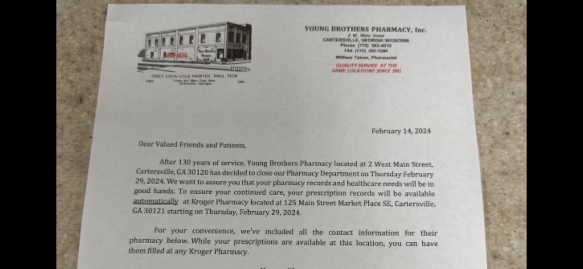 @Greg_Reybold @mcuban @3AxisAdvisors @costplusdrugs @_APCI @GeorgiaPharmacy @Greg_Reybold add another Georgia independent pharmacy to the list of pharmacies closing due to low reimbursements from the PBMs. This pharmacy has been in business over 130 years and has the first outdoor painted @CocaCola sign. @GeorgiaPharmacy