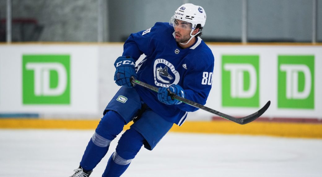 RandipJanda's tweet photo. Arshdeep Bains is on the ice for warm up &amp; taking line rushes with Blueger &amp; Garland. 

Official: The kid from Surrey will be making his @NHL debut for his hometown #Canucks tonight.

Undrafted in Junior &amp; the NHL, Arshdeep has worked tirelessly for this. A proud moment #Punjabi https://t.co/XdRkrmwyGH