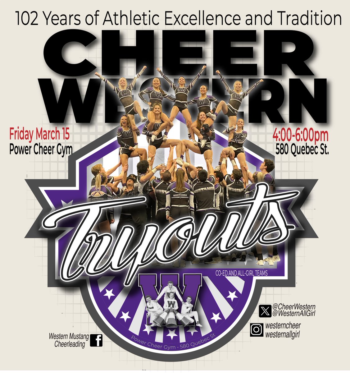 Spring Tryouts 2024. March 15th at the Power Cheer Gym. Open to all present Western Students and incoming freshmen, grad school and transfer students starting in Sept 2024. #WesternU, #WesternMustangs, #Cheerleader , #CheerCanada