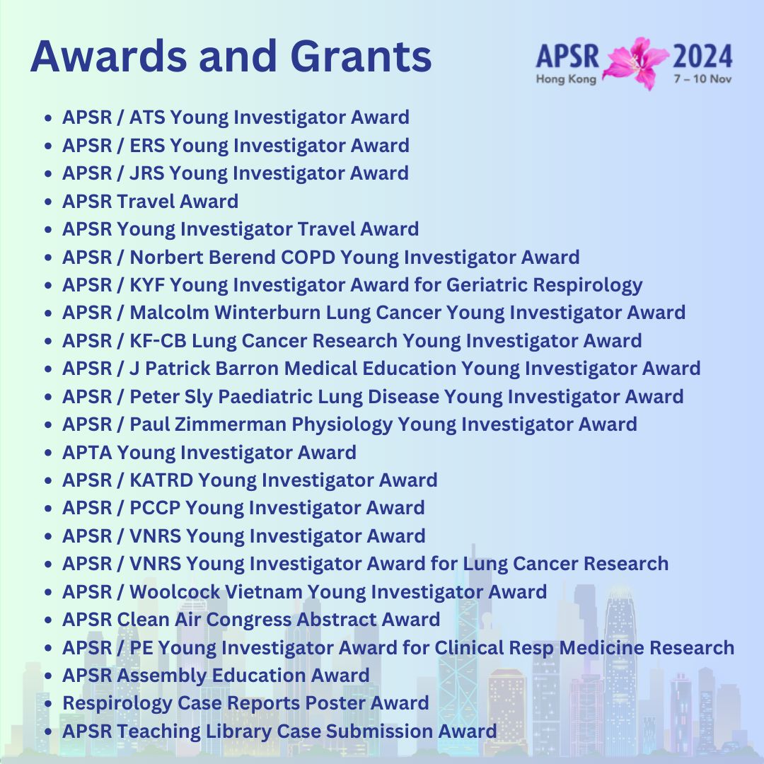 The APSR offers a variety of award opportunities for those presenting their research at the annual congress. See more details apsr2024.hk/en/awards-and-… #APSR2024 #HKTS #lung #respiratory #pulmonary #COPD #asthma #TB #tuberculosis #lungcancer #bronchoscopy @RespirologyAPSR