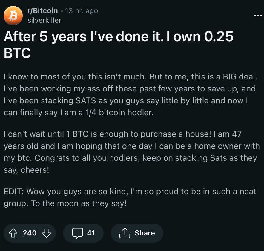 "I've done it. I own 0.25 #Bitcoin"

⇒ People still don't get it. EVERY AMOUNT above 0.1 #BTC will be life-changing: